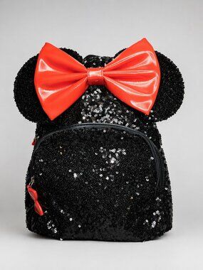 Disney Minnie Mouse Black Sequin Mini Backpack Red Bow Cute Park Bag